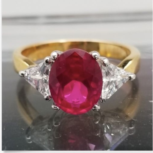 Gold Plated Cocktail Ring Cubic Zirconia Size 5 Red Stone Valentines day - Picture 1 of 9